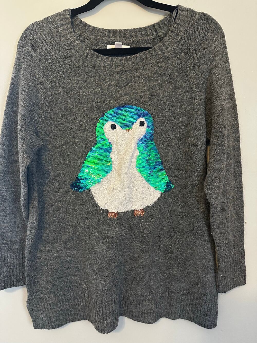 LC Lauren Conrad Penguin Sequin Sweater Gray Knit Pullover L